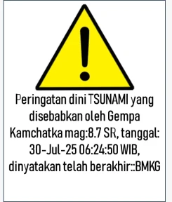 Peringatan Dini Tsunami Pascagempa M8,7 Kamchatka Dinyatakan Berakhir